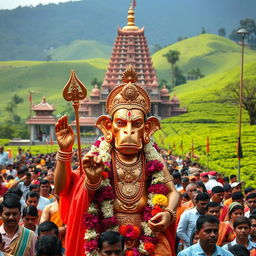 A shiny copper idol of the Hindu monkey God Lord Hanuman, featuring a large, swollen jaw and intricately adorned with vibrant flowers
