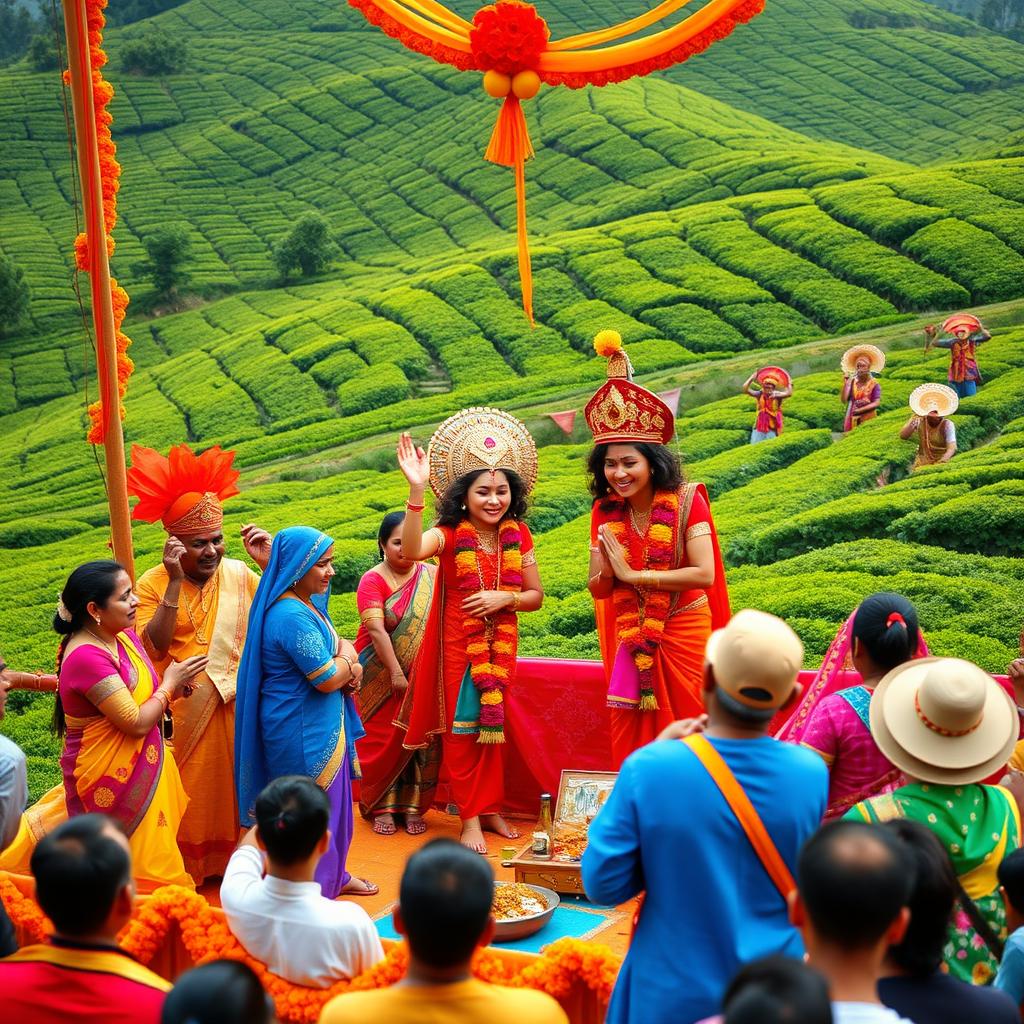 A vibrant Hanuman Jayanti celebration set against a picturesque hill country tea plantation