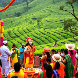 A vibrant Hanuman Jayanti celebration set against a picturesque hill country tea plantation