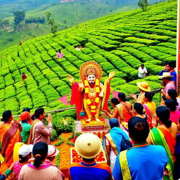 A vibrant Hanuman Jayanti celebration set against a picturesque hill country tea plantation
