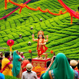 A vibrant Hanuman Jayanti celebration set against a picturesque hill country tea plantation