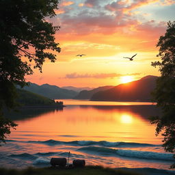 An artistically edited photo of a serene landscape featuring rolling hills, a tranquil lake reflecting the sky, and a vibrant sunset with shades of orange, pink, and purple
