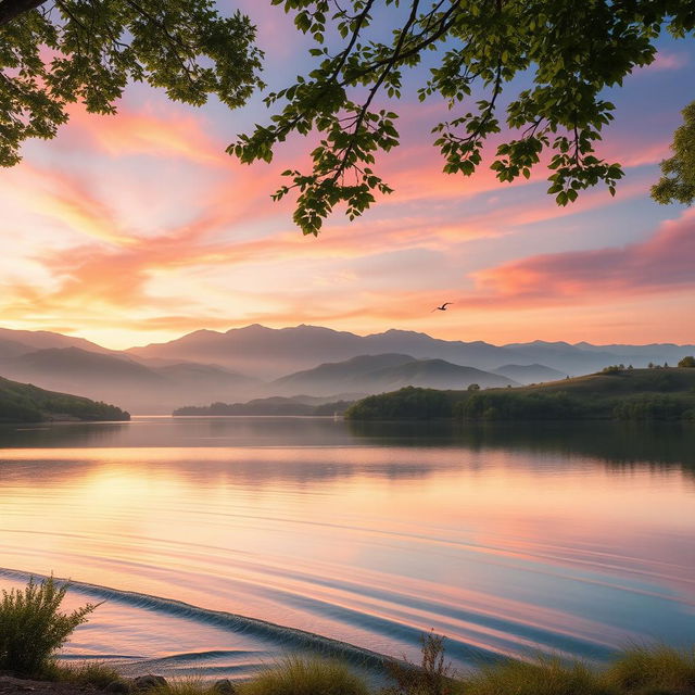 An artistically edited photo of a serene landscape featuring rolling hills, a tranquil lake reflecting the sky, and a vibrant sunset with shades of orange, pink, and purple