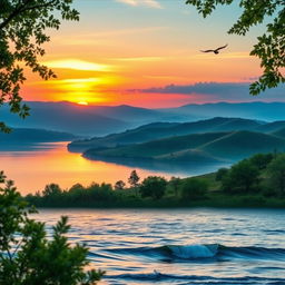 An artistically edited photo of a serene landscape featuring rolling hills, a tranquil lake reflecting the sky, and a vibrant sunset with shades of orange, pink, and purple