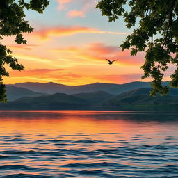 An artistically edited photo of a serene landscape featuring rolling hills, a tranquil lake reflecting the sky, and a vibrant sunset with shades of orange, pink, and purple