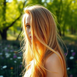 A stunning portrait of an enchanting individual with long, flowing hair that glistens in the sunlight