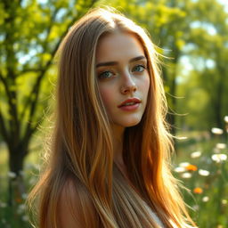 A stunning portrait of an enchanting individual with long, flowing hair that glistens in the sunlight