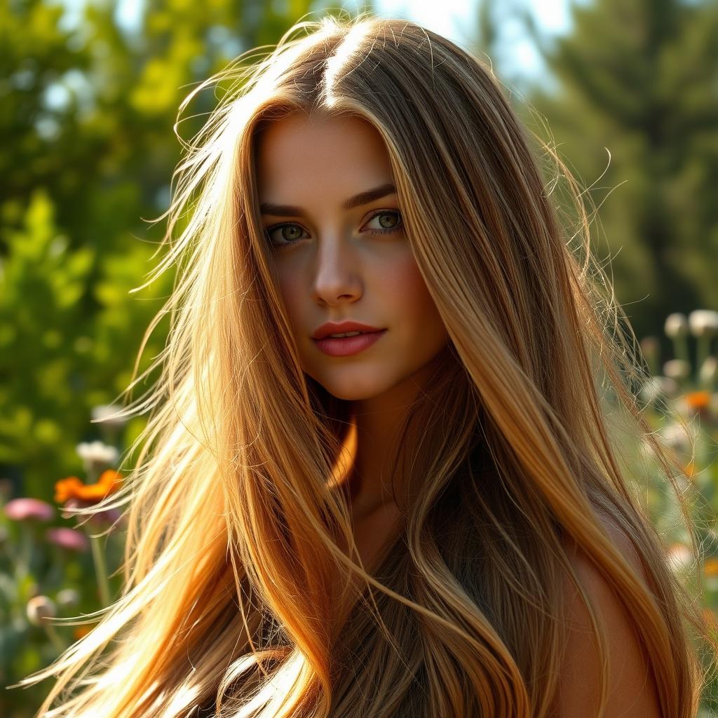 A stunning portrait of an enchanting individual with long, flowing hair that glistens in the sunlight