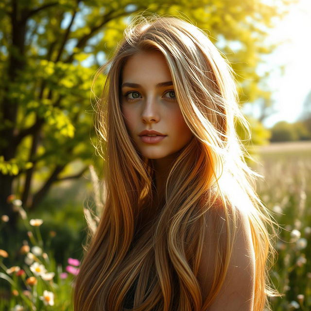 A stunning portrait of an enchanting individual with long, flowing hair that glistens in the sunlight