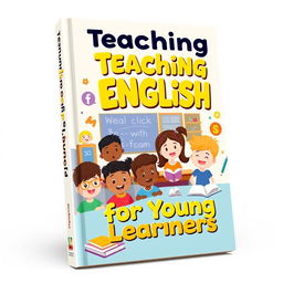 A vibrant and engaging book cover design for a teaching English resource aimed at young learners