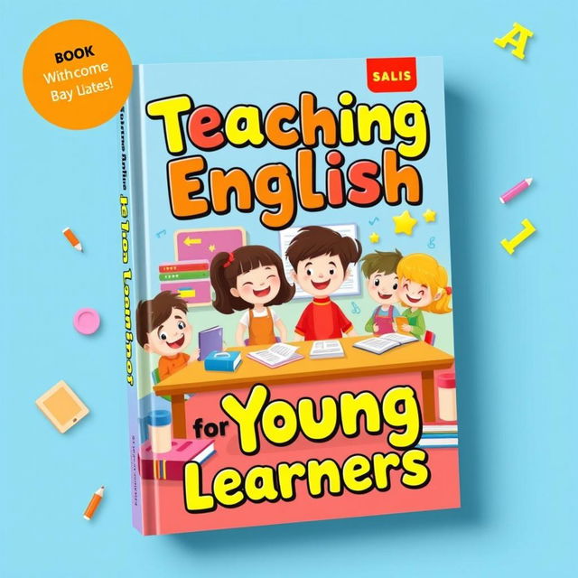 A vibrant and engaging book cover design for a teaching English resource aimed at young learners