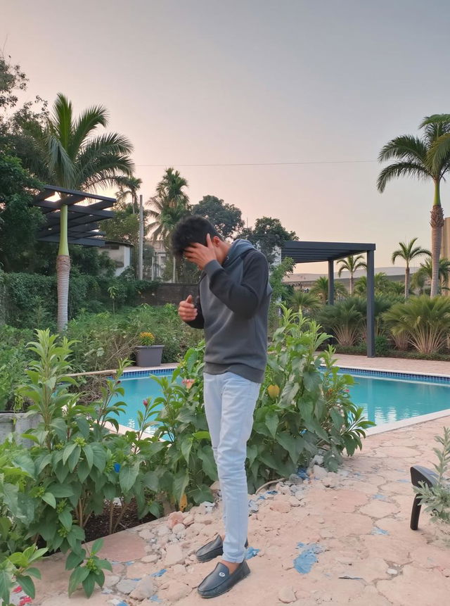 A young man standing confidently in a natural outdoor setting with lush green plants around him