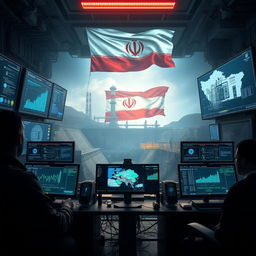 A dramatic depiction of a cyber security facility in a dam plant located in Iran, showcasing advanced technology and intricate digital security systems