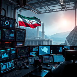 A dramatic depiction of a cyber security facility in a dam plant located in Iran, showcasing advanced technology and intricate digital security systems