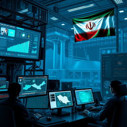 A dramatic depiction of a cyber security facility in a dam plant located in Iran, showcasing advanced technology and intricate digital security systems