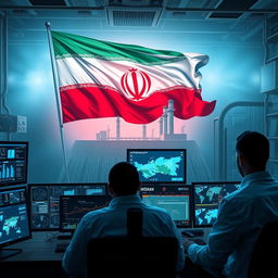 A dramatic depiction of a cyber security facility in a dam plant located in Iran, showcasing advanced technology and intricate digital security systems