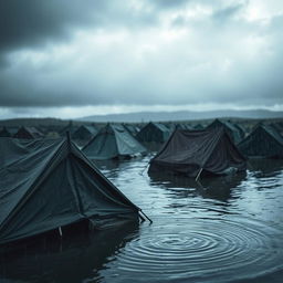 A sad and evocative scene of tents submerged in heavy rain