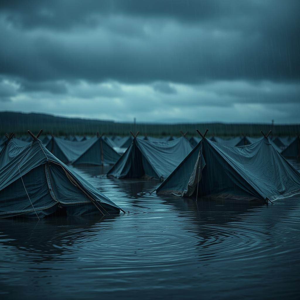 A sad and evocative scene of tents submerged in heavy rain