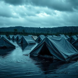 A sad and evocative scene of tents submerged in heavy rain