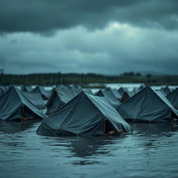 A sad and evocative scene of tents submerged in heavy rain