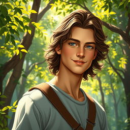 An enchanting fantasy book cover inspired by Greek mythology, featuring a 17-year-old character who is the son of Hephaestus
