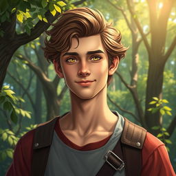 An enchanting fantasy book cover inspired by Greek mythology, featuring a 17-year-old character who is the son of Hephaestus