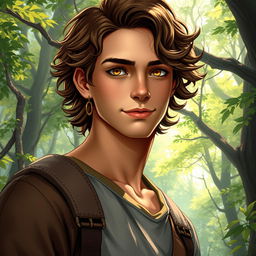 An enchanting fantasy book cover inspired by Greek mythology, featuring a 17-year-old character who is the son of Hephaestus