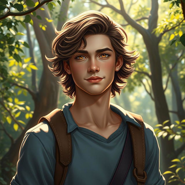 An enchanting fantasy book cover inspired by Greek mythology, featuring a 17-year-old character who is the son of Hephaestus