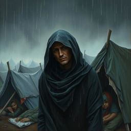 A poignant scene depicting a somber figure, reflecting sadness and empathy
