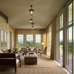 An elegant room showcasing a harmony of colors and textures, filled with high-end furniture, elegant light fixtures, multiple windows with scenic outdoors views.