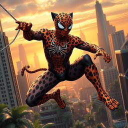 A unique superhero character that combines elements of Spider-Man and a leopard, featuring a sleek, muscular body covered in vibrant leopard spots