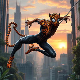 A unique superhero character that combines elements of Spider-Man and a leopard, featuring a sleek, muscular body covered in vibrant leopard spots