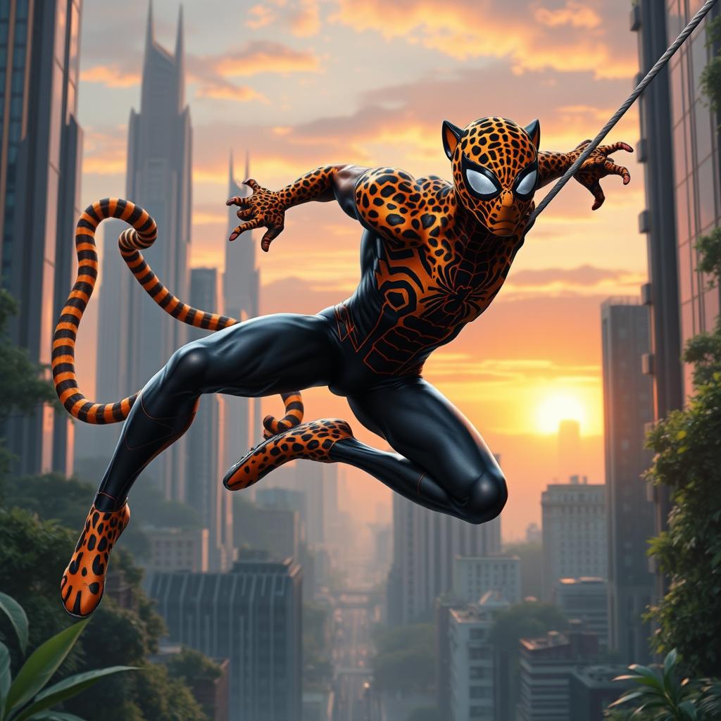 A unique superhero character that combines elements of Spider-Man and a leopard, featuring a sleek, muscular body covered in vibrant leopard spots