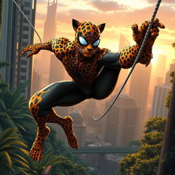 A unique superhero character that combines elements of Spider-Man and a leopard, featuring a sleek, muscular body covered in vibrant leopard spots