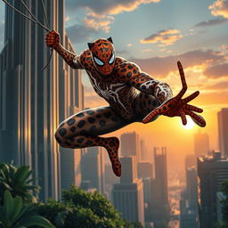 A unique superhero character that combines elements of Spider-Man and a leopard, featuring a sleek, muscular body covered in vibrant leopard spots