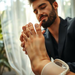 A romantic scene featuring a close-up of a gracefully posed woman's feet being gently kissed by a man