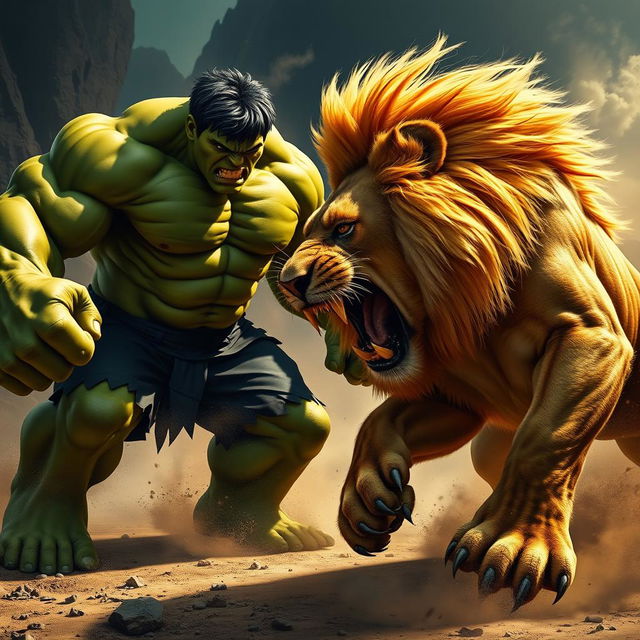 A dramatic scene depicting a fierce battle between the Hulk and a roaring lion