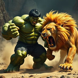 A dramatic scene depicting a fierce battle between the Hulk and a roaring lion
