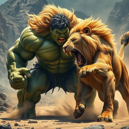 A dramatic scene depicting a fierce battle between the Hulk and a roaring lion