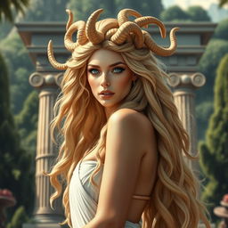A stunning depiction of Medusa, the goddess, portrayed as a beautiful woman with long blonde hair cascading down her back