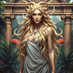 A stunning depiction of Medusa, the goddess, portrayed as a beautiful woman with long blonde hair cascading down her back