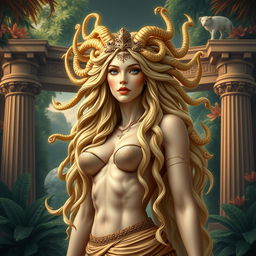 A stunning depiction of Medusa, the goddess, portrayed as a beautiful woman with long blonde hair cascading down her back