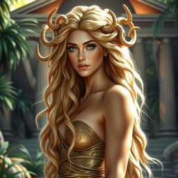 A stunning depiction of Medusa, the goddess, portrayed as a beautiful woman with long blonde hair cascading down her back