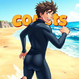 Detailed anime-style cover art for an educational science magazine issue titled 'Coasts', featuring an excited teen male character in a tight full-body shiny wetsuit