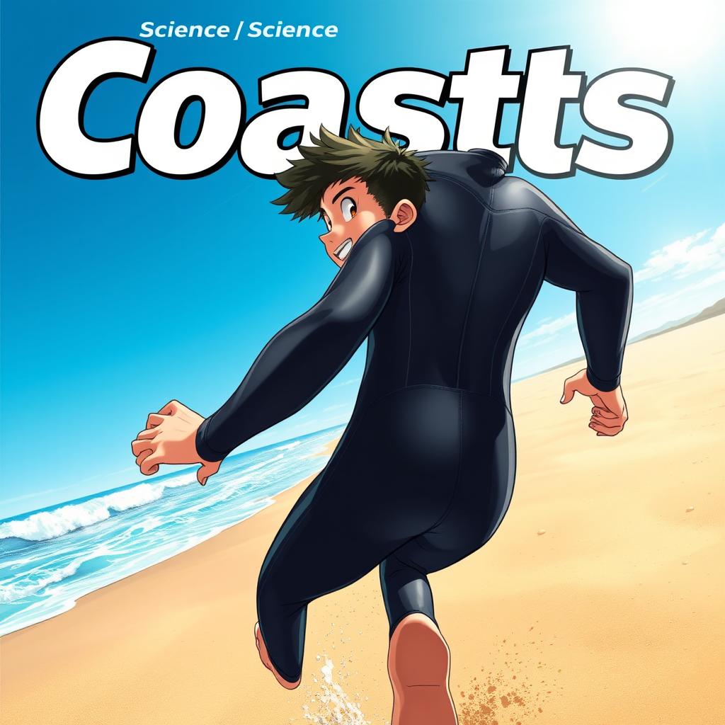 Detailed anime-style cover art for an educational science magazine issue titled 'Coasts', featuring an excited teen male character in a tight full-body shiny wetsuit