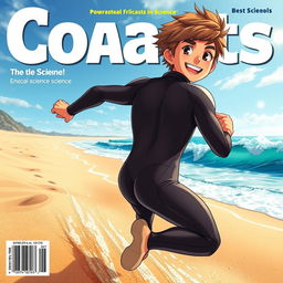 Detailed anime-style cover art for an educational science magazine issue titled 'Coasts', featuring an excited teen male character in a tight full-body shiny wetsuit