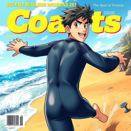 Detailed anime-style cover art for an educational science magazine issue titled 'Coasts', featuring an excited teen male character in a tight full-body shiny wetsuit