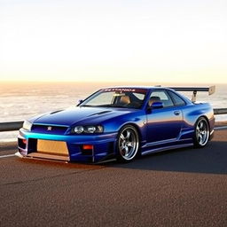 A stunning Nissan GTR R34, showcasing its iconic design with sharp lines and aggressive styling