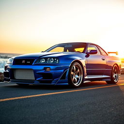 A stunning Nissan GTR R34, showcasing its iconic design with sharp lines and aggressive styling