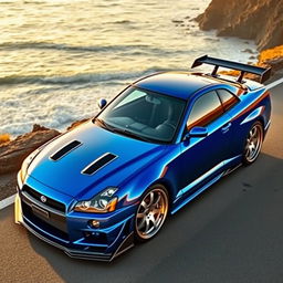 A stunning Nissan GTR R34, showcasing its iconic design with sharp lines and aggressive styling